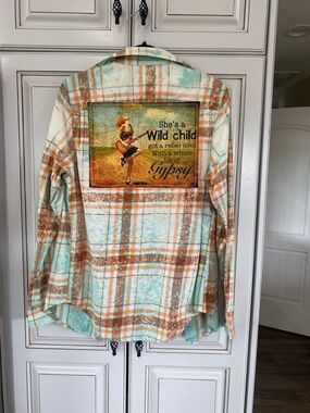 Plaid Button-Up Jacket with Graphic Back - Mint & Rust